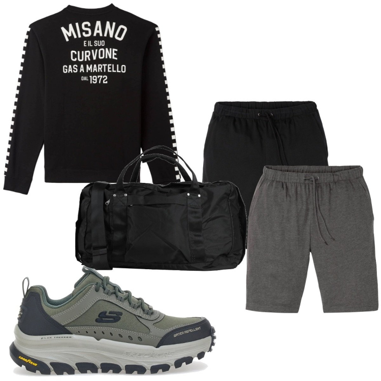 Outfit uomo - Total look #1810216. Stile Trendy per Sport. Abbinamento con bermuda, borse sportive, felpe, scarpe stringate.