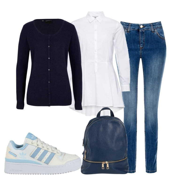 Outfit donna - City. Stile Casual chic per Tutti i giorni. Abbinamento con camicie, cardigans, sneakers, zaini, jeans skinny.