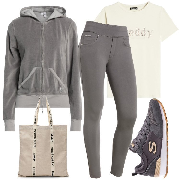 Outfit donna - Sporty. Stile Casual per Tutti i giorni. Abbinamento con sneakers, felpe con cappuccio, pantaloni skinny, t-shirt, borse tote.