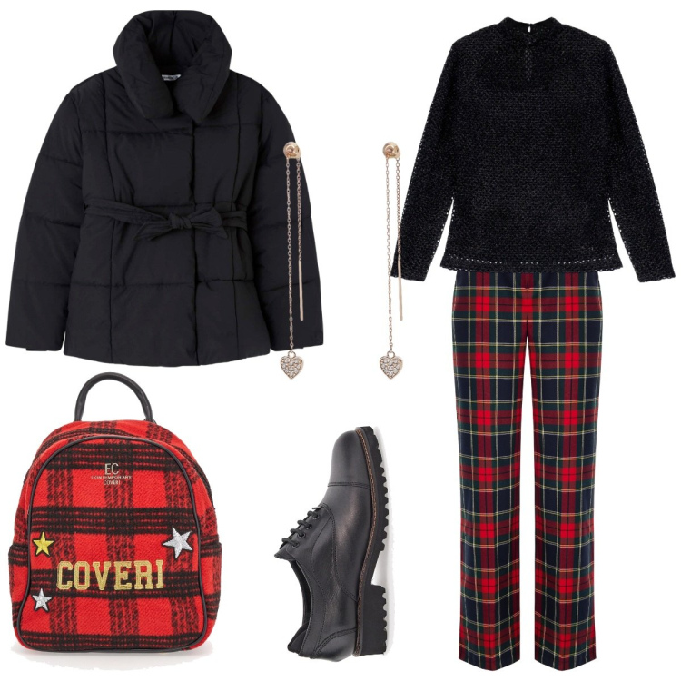 Outfit donna - Total look #1810309. Stile Urban per Scuola/Università. Abbinamento con piumini, orecchini, pantaloni, maglieria, scarpe stringate, zaini.