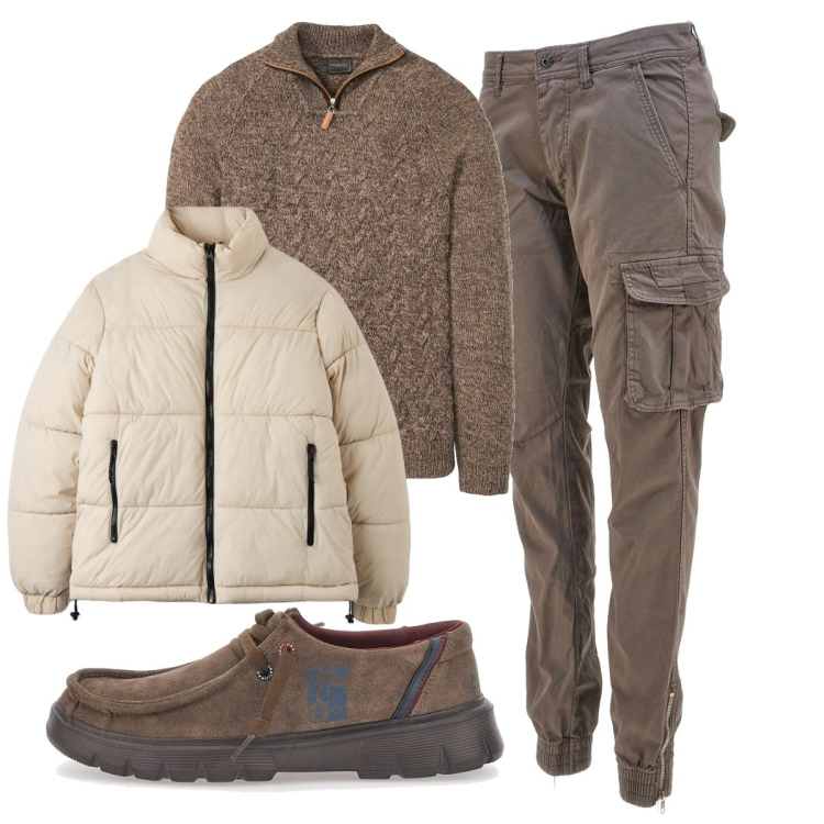 Outfit uomo - Total look #1810320. Stile Casual per Ufficio. Abbinamento con maglieria, piumini, pantaloni cargo, scarpe stringate.