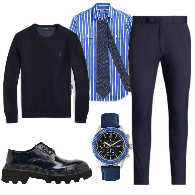 Outfit uomo - Giulio: camicia a righe!. Stile Casual per Ufficio. Abbinamento con cravatte, orologi, scarpe stringate, maglieria, pantaloni, camicie.