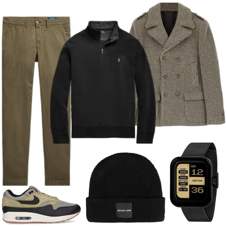 Outfit uomo - Un weekend fuori porta. Stile Trendy per Serata speciale. Abbinamento con orologi digitali, cappelli, cappotti, pullovers, pantaloni, sneakers.