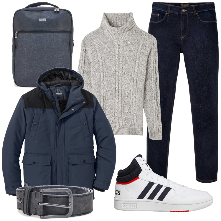 Outfit uomo - Le sneakers Adidas. Stile Casual per Tutti i giorni. Abbinamento con jeans dritti, piumini, maglieria, borse sportive, sneakers, cinture.