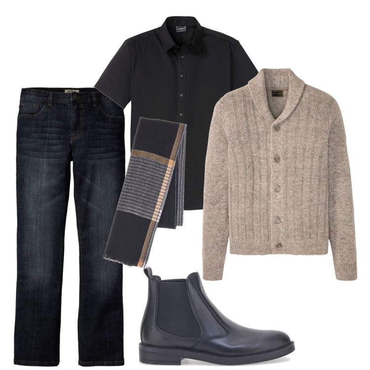 Outfit uomo - Versatile cardigan. Stile Casual per Tutti i giorni. Abbinamento con cardigans, jeans bootcut, camicie a manica corta, stivali e stivaletti, sciarpe.