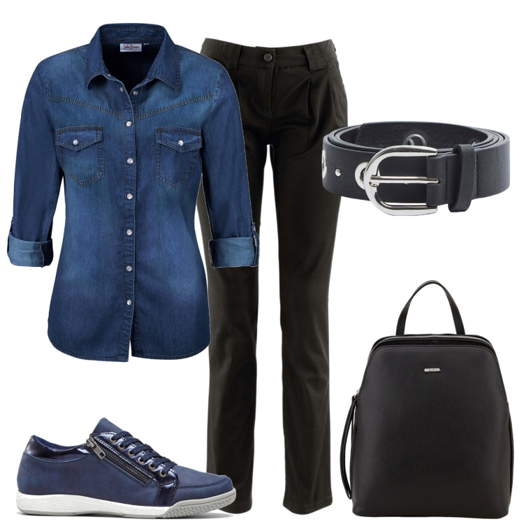 Outfit donna - Jeans per il weekend. Stile Casual chic per Tutti i giorni. Abbinamento con pantaloni chino, camicie, sneakers alte, cinture, zaini.