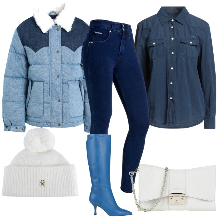 Outfit donna - In denim. Stile Casual per Tutti i giorni. Abbinamento con camicie, stivali, piumini, borse a spalla, cappelli, pantaloni skinny.