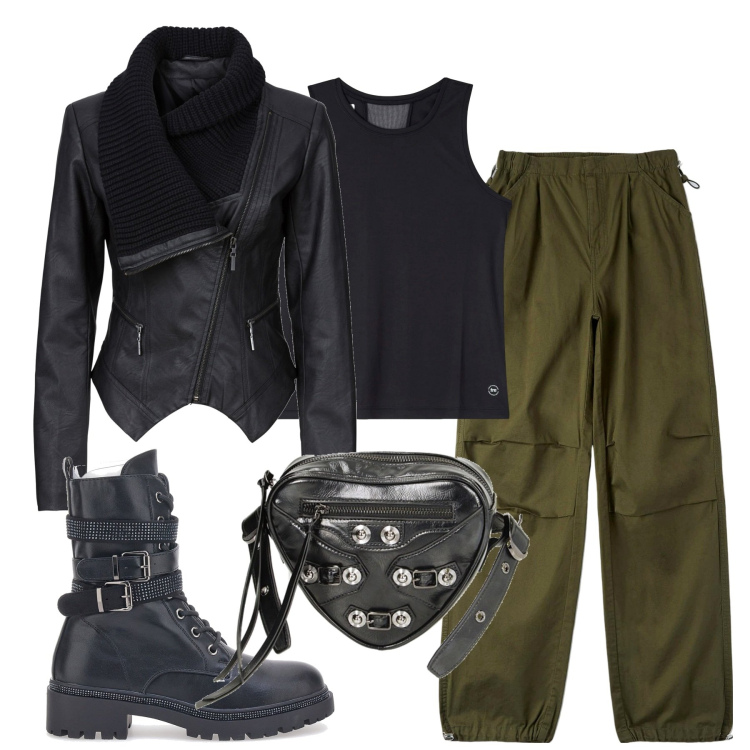 Outfit donna - Chiodo cargo e anfibi. Stile Urban per Tutti i giorni. Abbinamento con blazer, pantaloni cargo, top sportivi, borse a tracolla, anfibi.