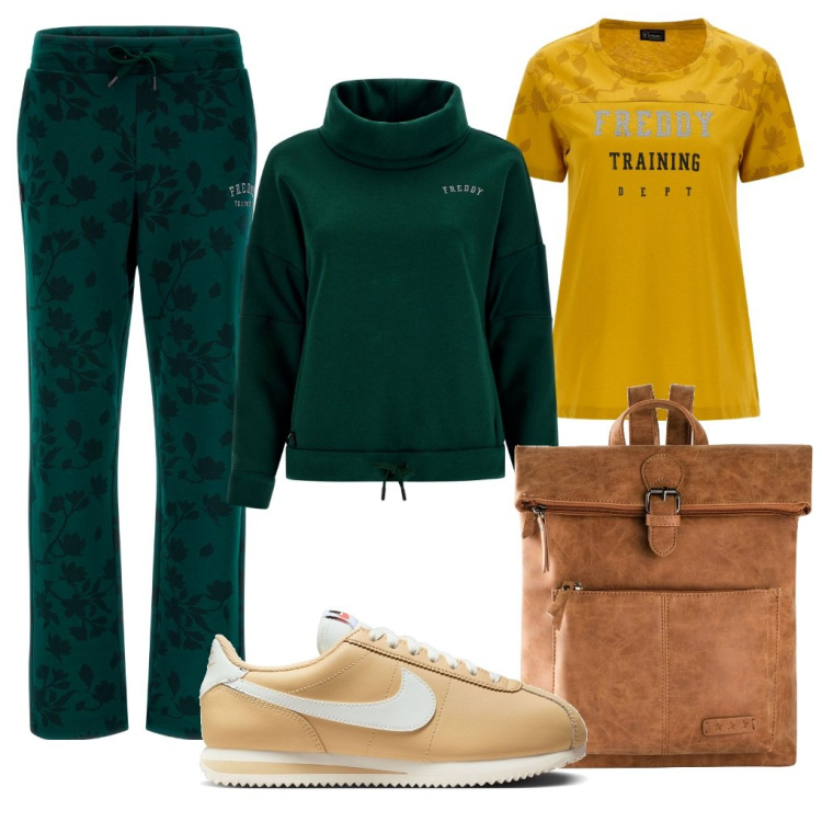 Outfit donna - Mia: basta che sia verde!. Stile Sporty chic per Sport. Abbinamento con zaini, felpe, t-shirt, pantaloni, sneakers.