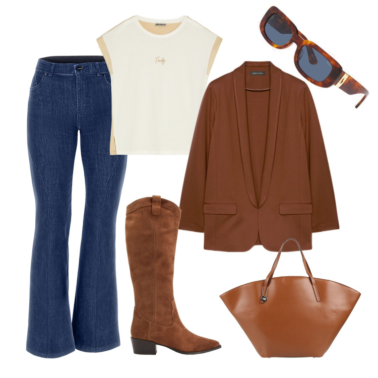 Outfit donna - Texani rhum. Stile Trendy per Tutti i giorni. Abbinamento con stivali, borse a mano, blazer, jeans skinny, t-shirt, occhiali da sole.