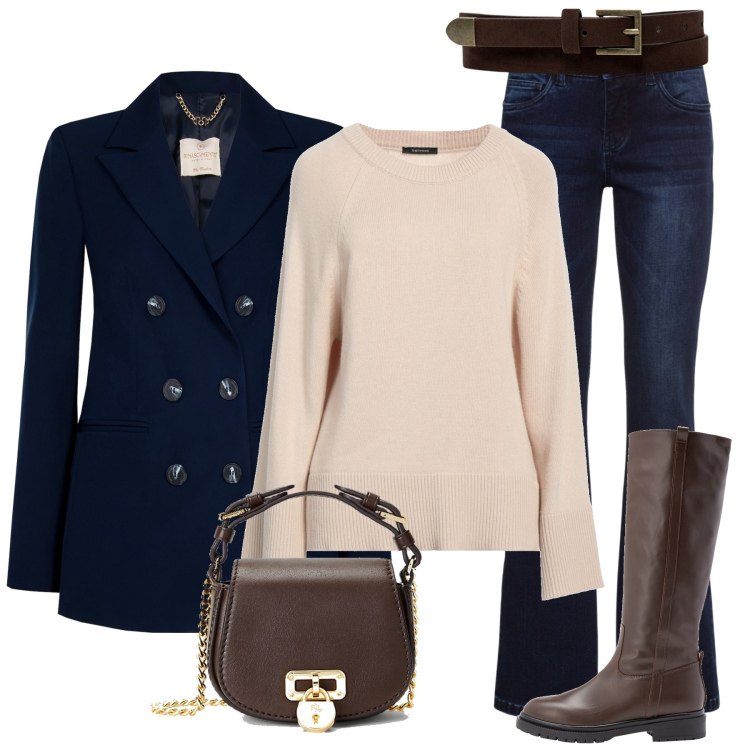Outfit donna - City. Stile Chic per Tutti i giorni. Abbinamento con jeans bootcut, pullovers, stivali, cappotti, borse a tracolla, cinture.