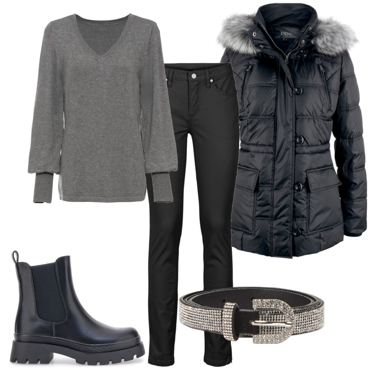 Outfit donna - Black. Stile Casual per Tutti i giorni. Abbinamento con jeans skinny, giacche, maglieria, cinture, stivaletti.