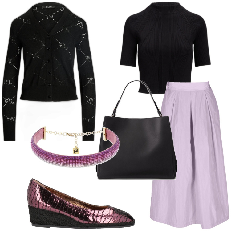 Outfit donna - Total look #1810450. Stile Chic per Serata fuori. Abbinamento con espadrillas, maglieria, borse a mano, cardigans, gonne, collane.