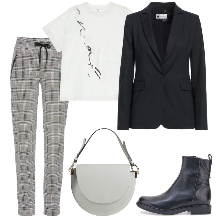 Outfit donna - Ufficio. Stile Casual per Ufficio. Abbinamento con pantaloni, blazer, borse a mano, t-shirt, stivaletti.