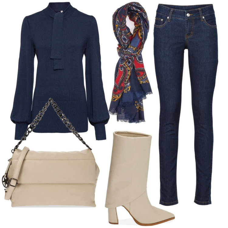 Outfit donna - Elegante in jeans. Stile Casual chic per Tutti i giorni. Abbinamento con maglieria, jeans skinny, stivaletti, borse a spalla, sciarpe.