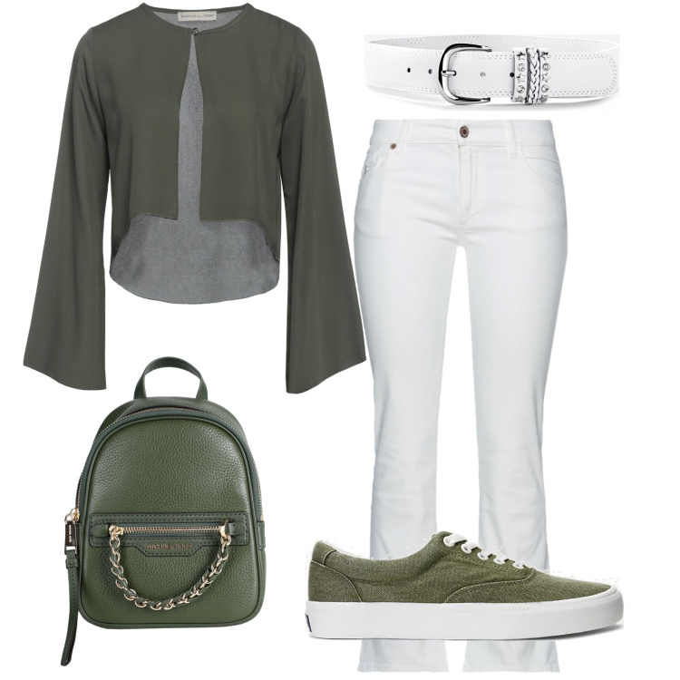Outfit donna - Università. Stile Casual chic per Scuola/Università. Abbinamento con cinture, cardigans, zaini, pantaloni, sneakers.