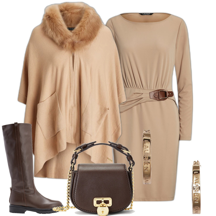 Outfit donna - Total look #1810481. Stile Chic per Tutti i giorni. Abbinamento con stivali, vestiti, borse a tracolla, cappe, orecchini.