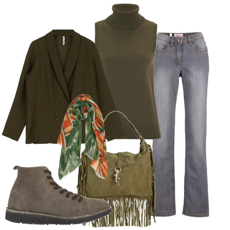 Outfit donna - Inverno frange e foulard. Stile Casual chic per Tutti i giorni. Abbinamento con jeans dritti, maglieria, stivaletti, borse a mano, blazer, sciarpe.