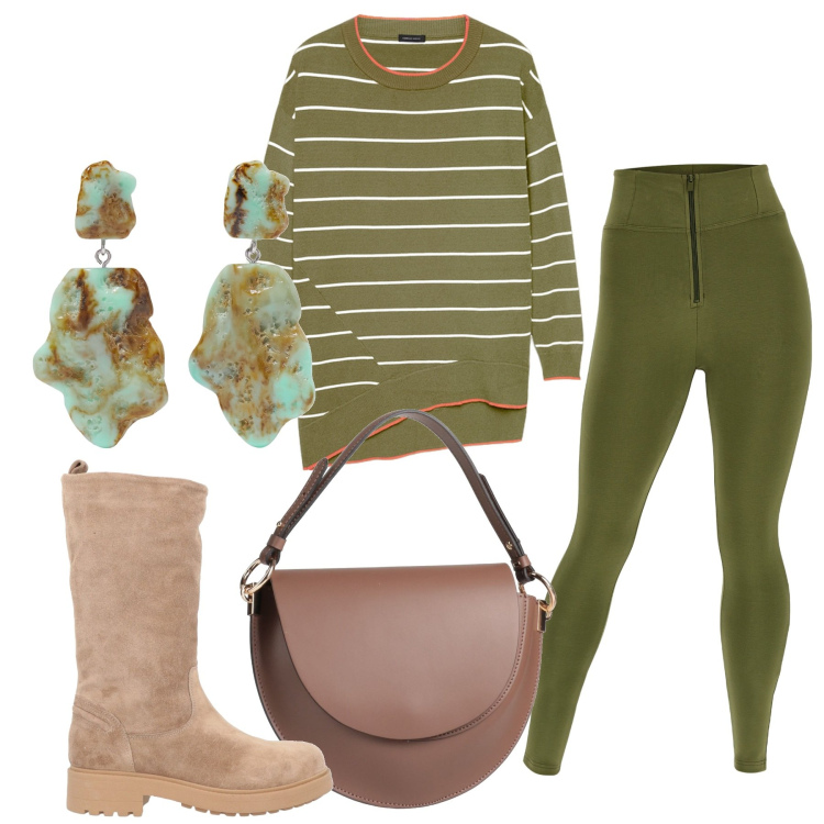 Outfit donna - Inverno leggins. Stile Urban per Tutti i giorni. Abbinamento con stivali, orecchini, borse a mano, pantaloni skinny, maglieria.