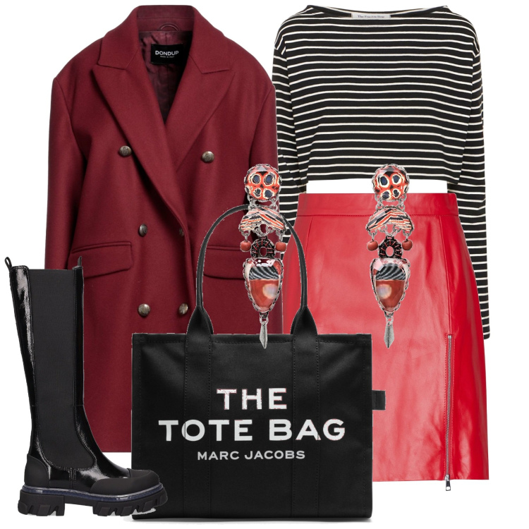 Outfit donna - Inverno a righe. Stile Urban per Tutti i giorni. Abbinamento con minigonne, cappotti, orecchini, t-shirt, borse tote, stivaletti chelsea.