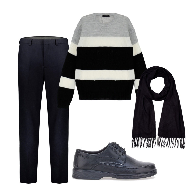 Outfit uomo - City. Stile Casual per Tutti i giorni. Abbinamento con pullovers, pantaloni, sciarpe, scarpe stringate.