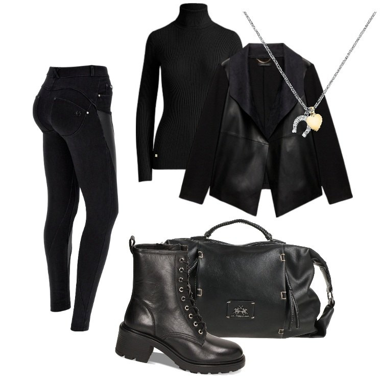 Outfit donna - Un jeans con gli stivali-Febbraio. Stile Urban per Tutti i giorni. Abbinamento con borse a mano, collane, jeans skinny, anfibi, maglieria, blazer.