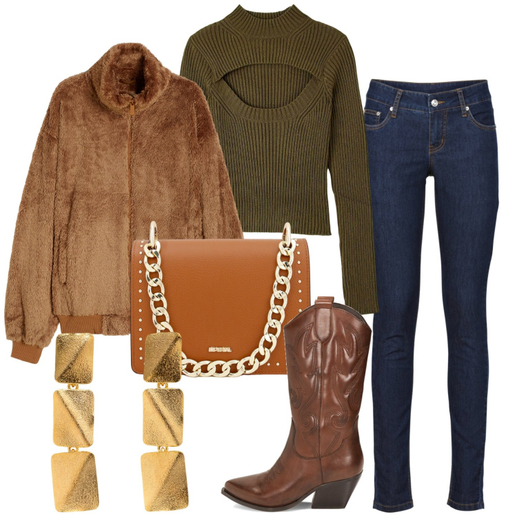 Outfit donna - Jeans e stivali. Stile Casual chic per Tutti i giorni. Abbinamento con jeans skinny, maglieria, pochette, stivali, blazer, orecchini.