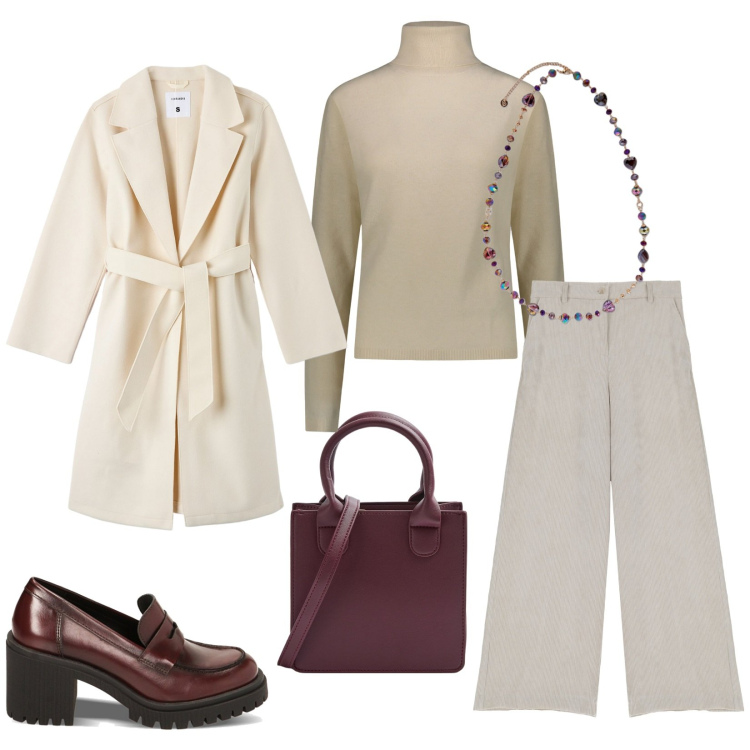 Outfit donna - Cream Carola. Stile Chic per Tutti i giorni. Abbinamento con cappotti, shopping bag, pantaloni a palazzo, mocassini, pullovers, collane.