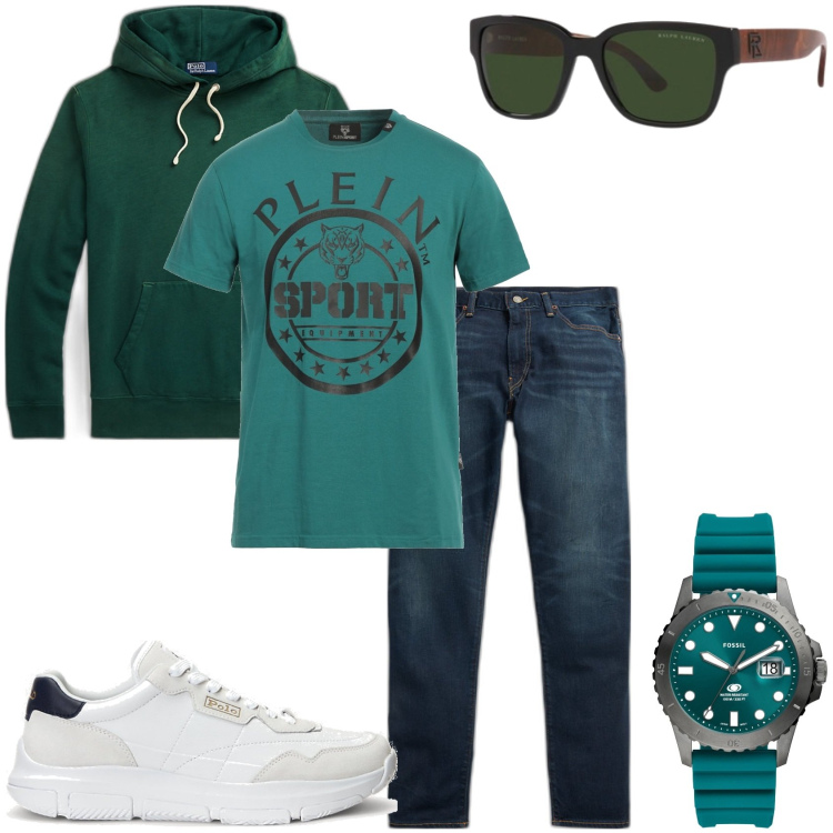 Outfit uomo - Verde felpa e jeans. Stile Urban per Tutti i giorni. Abbinamento con t-shirt, orologi, felpe con cappuccio, occhiali da sole, jeans, sneakers.