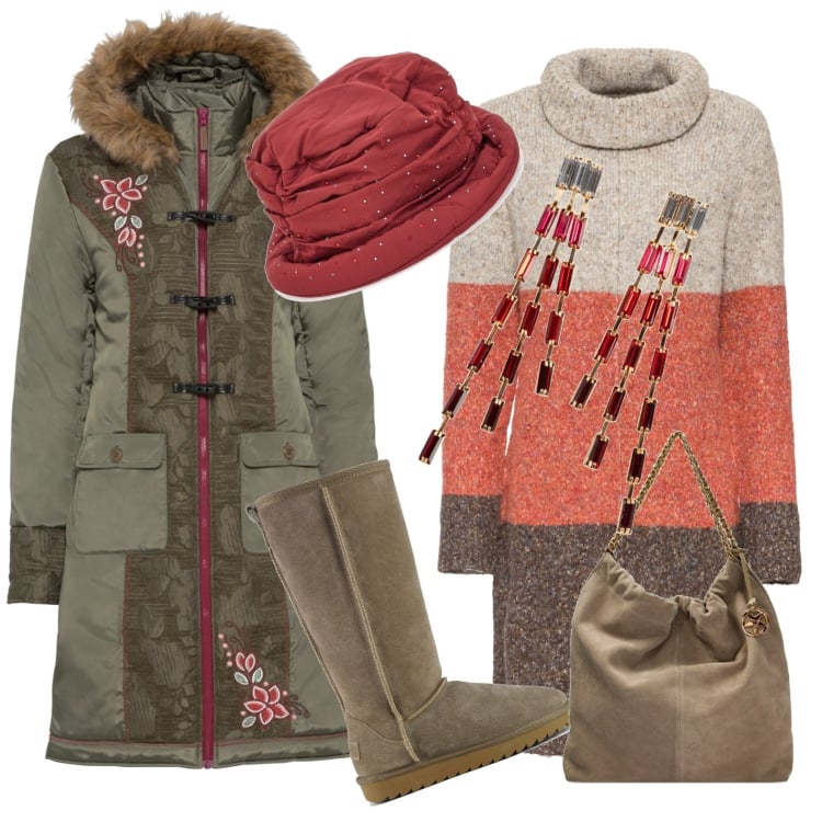 Outfit donna - Temperature rigide. Stile Casual per Tutti i giorni. Abbinamento con vestiti, cappotti, orecchini, borse a spalla, stivali sopra il ginocchio, berretti.