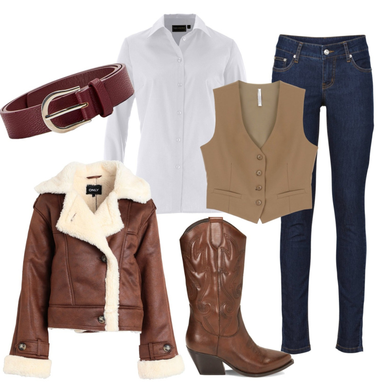 Outfit donna - Ludovica. Stile Casual per Tutti i giorni. Abbinamento con camicie, jeans skinny, blazer, cinture, gilet, stivali.