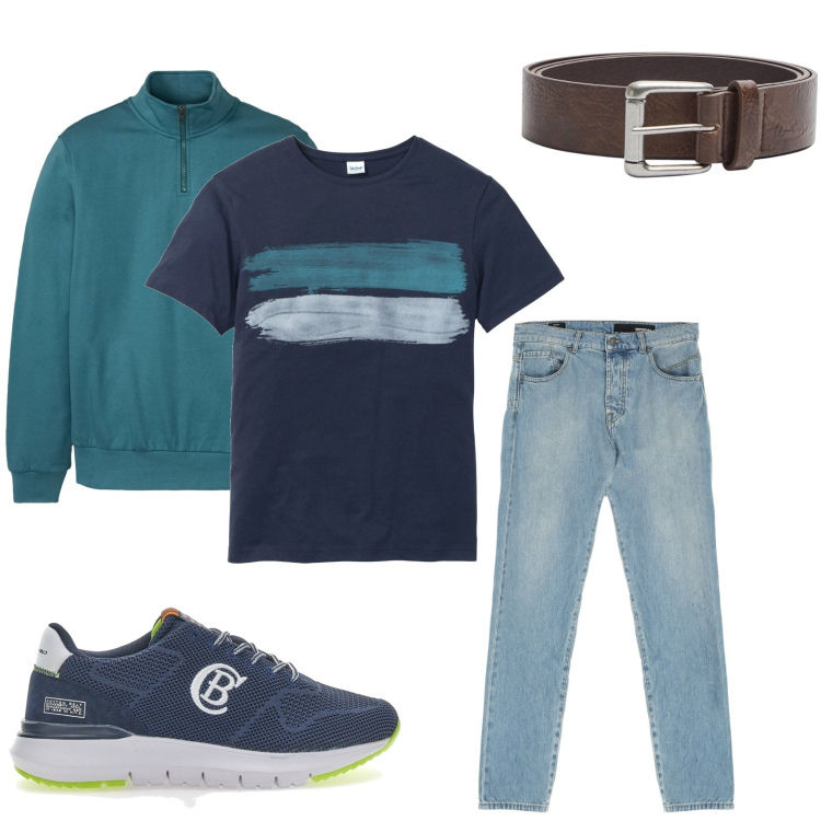 Outfit uomo - Il pomeriggio di primavera. Stile Casual per Tutti i giorni. Abbinamento con t-shirt, felpe, cinture, jeans dritti, sneakers.