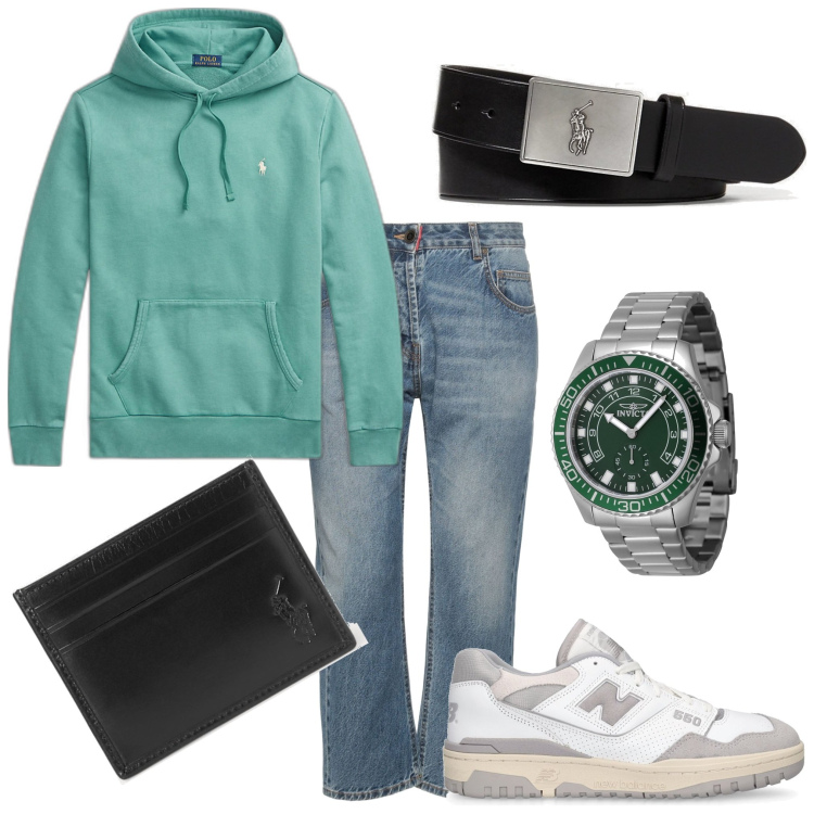 Outfit uomo - Weekend al mare. Stile Casual per Mare. Abbinamento con jeans dritti, orologi, felpe con cappuccio, cinture, portafogli, sneakers.