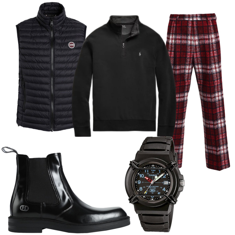 Outfit uomo - Caldo e comodo in campagna. Stile Urban per Tutti i giorni. Abbinamento con pantaloni, stivali e stivaletti, piumini, orologi, pullovers.