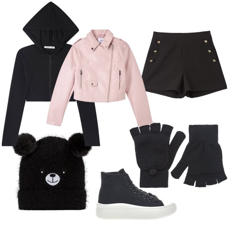 Outfit donna - Orsetto kawaii. Stile Urban per Tutti i giorni. Abbinamento con cardigans, shorts, guanti, berretti, giacche, sneakers alte.