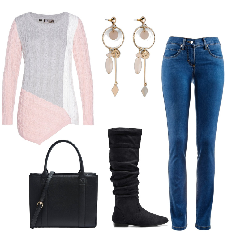 Outfit donna - Autunno in rosa. Stile Casual per Scuola/Università. Abbinamento con jeans dritti, stivali, orecchini, maglieria, shopping bag.