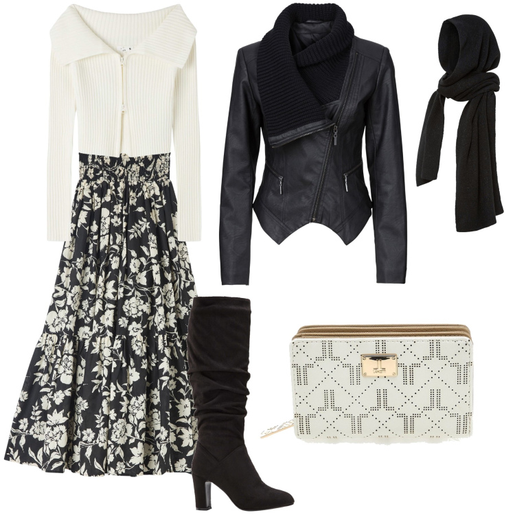 Outfit donna - Fiori chic. Stile Glamour per Tutti i giorni. Abbinamento con blazer, sciarpe, stivali sopra il ginocchio, gonne lunghe, maglieria, portafogli.