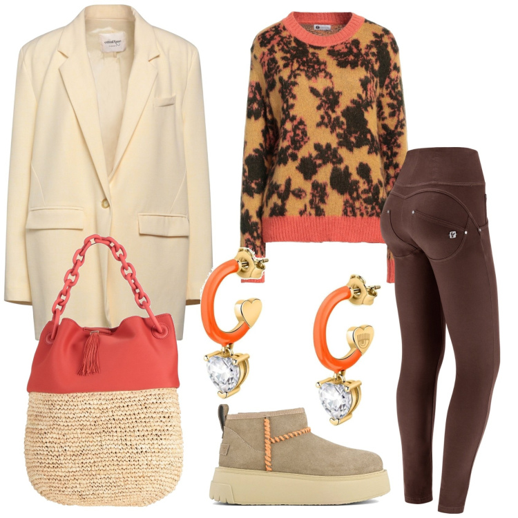 Outfit donna - Pullover. Stile Casual per Tutti i giorni. Abbinamento con borse a mano, pullovers, orecchini, blazer, pantaloni skinny, stivali.