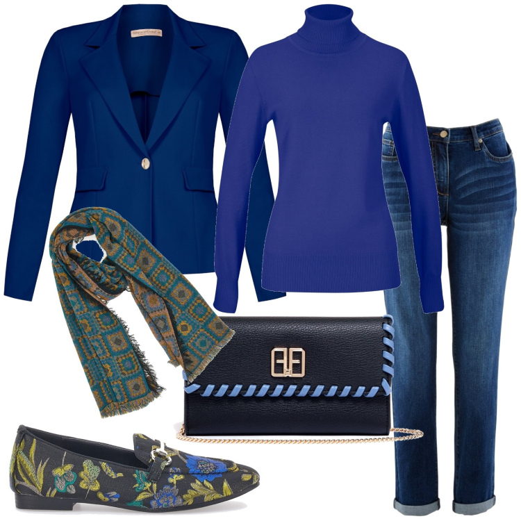 Outfit donna - Giacca e jeans. Stile Casual chic per Tutti i giorni. Abbinamento con maglieria, jeans boyfriend, cappotti, pochette, mocassini, sciarpe.