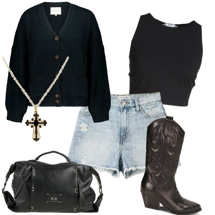 Outfit donna - Seattle girl. Stile Etnico per Tutti i giorni. Abbinamento con borse a mano, ciondoli, top, shorts, stivaletti texani, cardigans.
