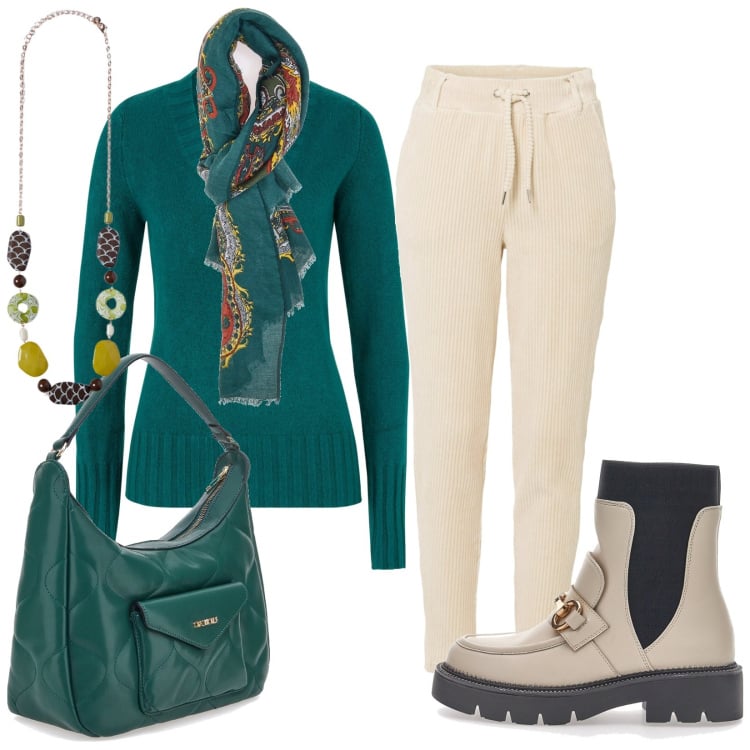 Outfit donna - Total look #1810617. Stile Casual per Tutti i giorni. Abbinamento con maglieria, pantaloni, stivaletti, sciarpe, borse a spalla, collane.