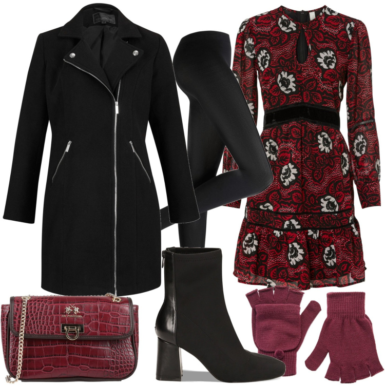 Outfit donna - Total look #1810619. Stile Casual per Serata fuori. Abbinamento con collant, vestiti, cappotti, borse a tracolla, guanti, stivaletti.