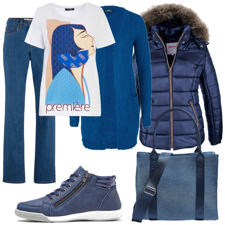 Outfit donna - Blu Sky. Stile Casual per Tutti i giorni. Abbinamento con piumini, sneakers alte, cardigans, jeans, shopping bag, t-shirt.