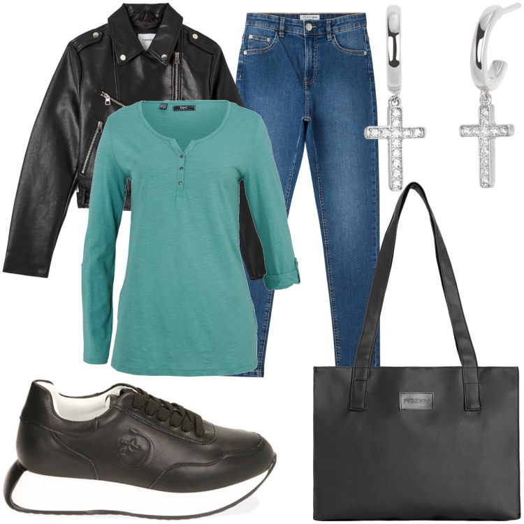 Outfit donna - Il giubbotto per la città. Stile Urban per Tutti i giorni. Abbinamento con cardigans, cappotti, jeans skinny, orecchini, shopping bag, sneakers.