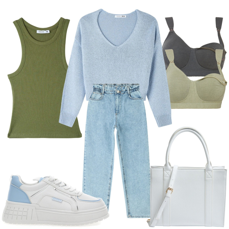 Outfit donna - Total look #1810675. Stile Urban per Tutti i giorni. Abbinamento con reggiseni, maglieria, jeans, shopping bag, canottiere, sneakers.
