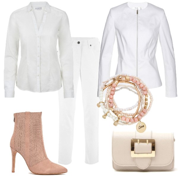 Outfit donna - Trendy #23446. Stile Trendy per Serata fuori. Abbinamento con braccialetti, pantaloni, blazer con zip bianco, camicie, pochette maxi con fibbia in pelle sintetica con tasca interna, stivaletti con tacco spillo e zip a punta in in maglia.
