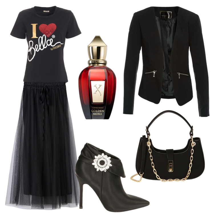 Outfit donna - Ufficio e Serata. Stile Glamour per Serata fuori. Abbinamento con blazer, profumi, gonne lunghe, t-shirt, stivaletti, borse a spalla.