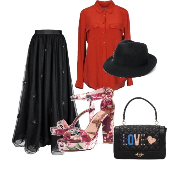 Outfit donna - Sexy #3033. Stile Sexy per Serata fuori. Abbinamento con camicia collo classico a maniche lunghe in seta tinta unita, borsa a mano con borchie e logo frontale nero, cappello taglia unica nero, gonna nero, sandali fantasia floreale con tacco e plateau.