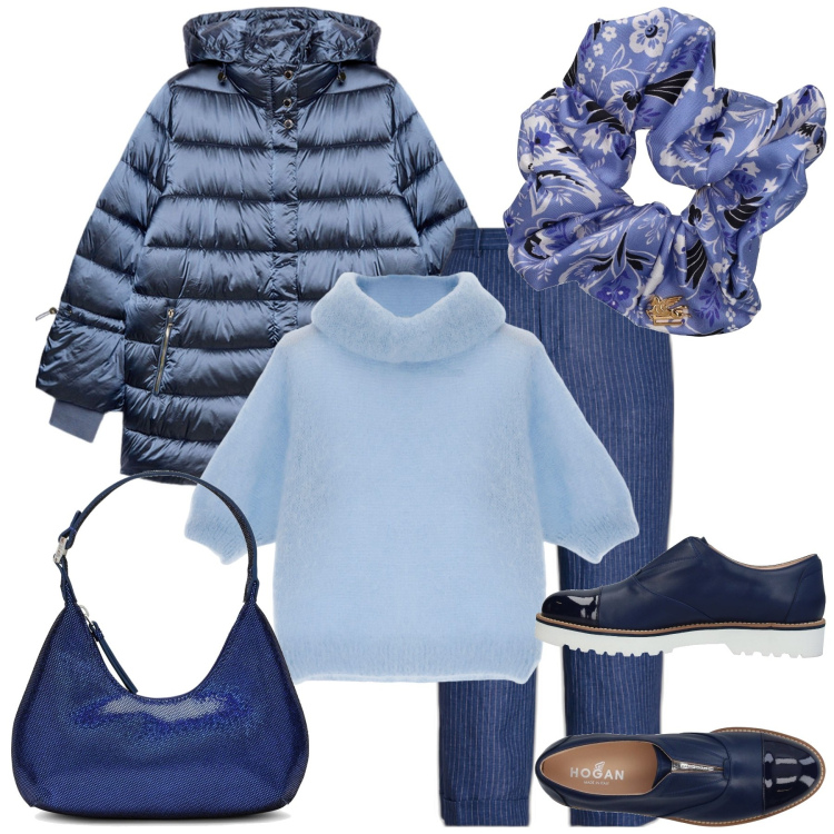Outfit donna - Curvy in blu. Stile Casual chic per Tutti i giorni. Abbinamento con mocassini, pantaloni, maglieria, cappotti, accessori per capelli, borse a spalla.
