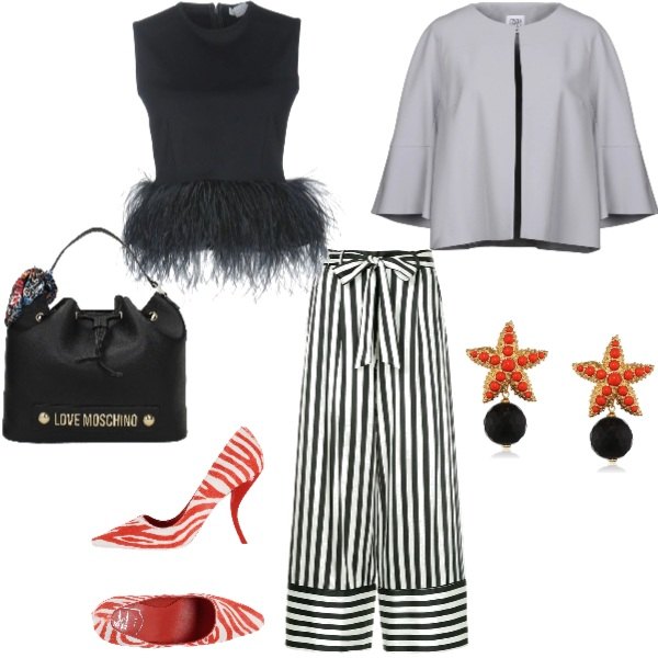 Outfit donna - Serata frivola. Stile Trendy Abbinamento con top collo tondo senza maniche con zip jersey, giacca effetto acetato collo tondo interno foderato crêpe, décolleté, borsa a mano con logo frontale nero, pantalone a righe in denim bianco, orecchini.